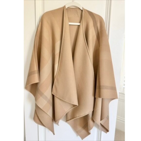 Burberry Charlotte Reversible Merino Wool Check Cape Poncho Camel Tan - Picture 4 of 8